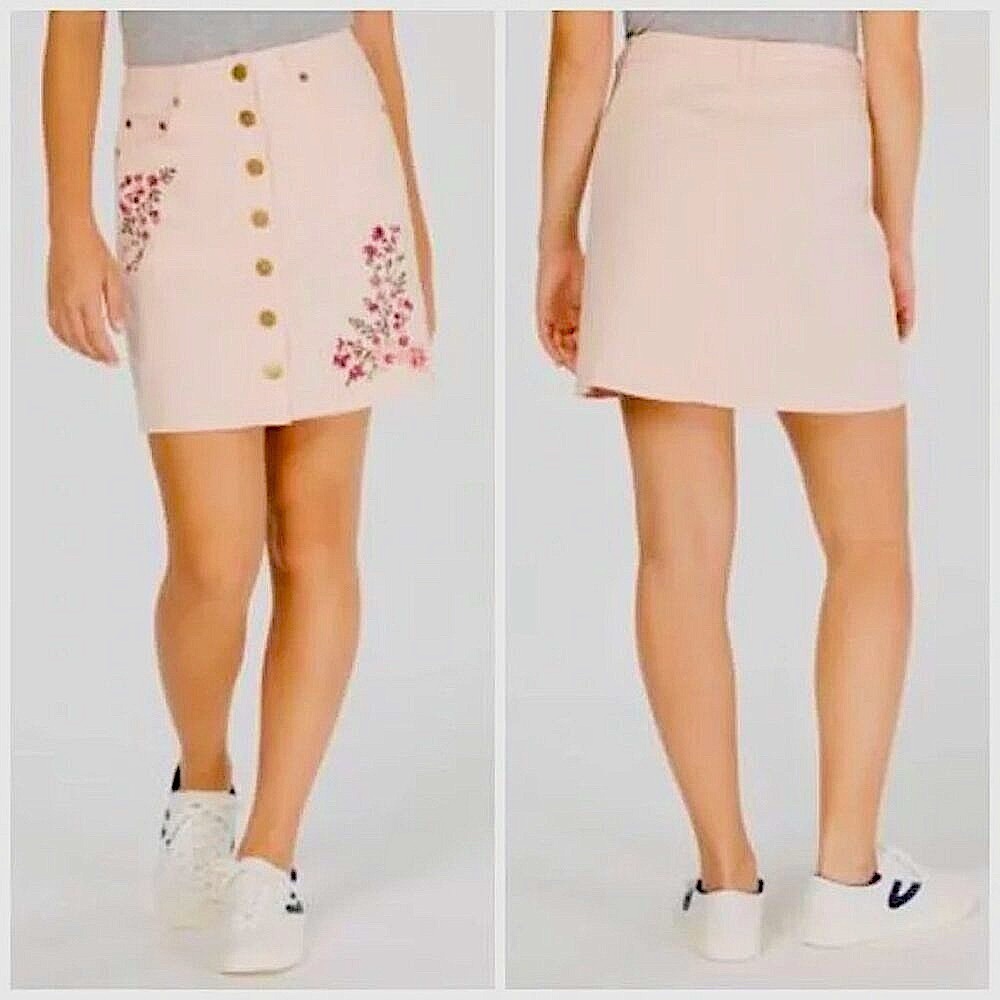 Pastel Pink Floral Embroidered Button Up Mini Skirt Size L, One Heart Freshman
